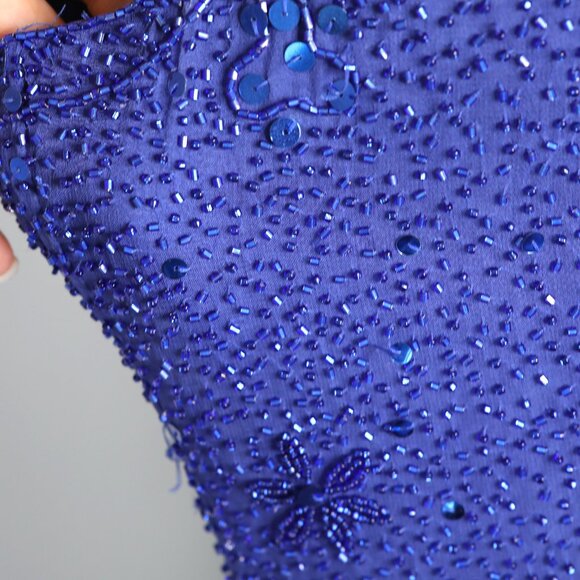 Avanti Silk Beaded Sequin Long Evening Gown Halter Formal Dress Royal Blue Party - Picture 16 of 16